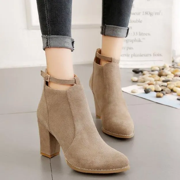 Women buckle strap back zipper ankle chunky high heel boots