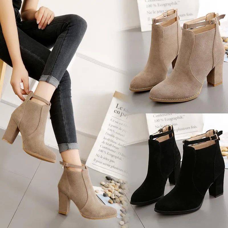 Women buckle strap back zipper ankle chunky high heel boots