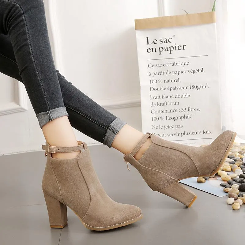 Women buckle strap back zipper ankle chunky high heel boots