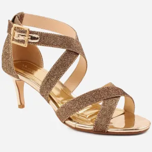 Women “GALILA” Cross Over Strap Peep Toe Shimmer Kitten Heel Sandals