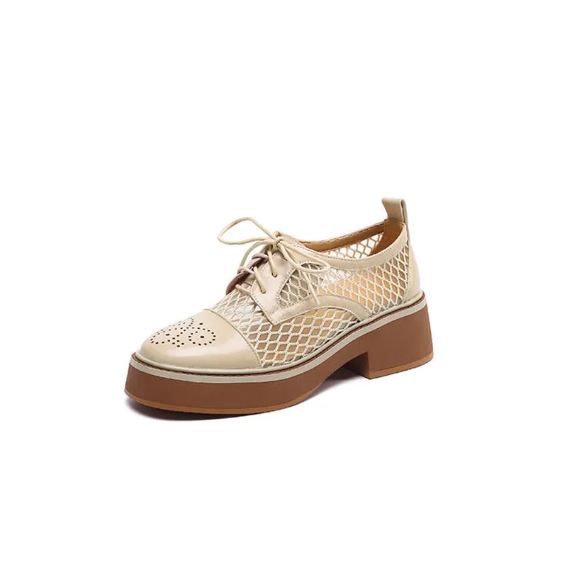 Women's Leather Platform Oxford Shoes for Summer Joining with Mesh in Brown/White