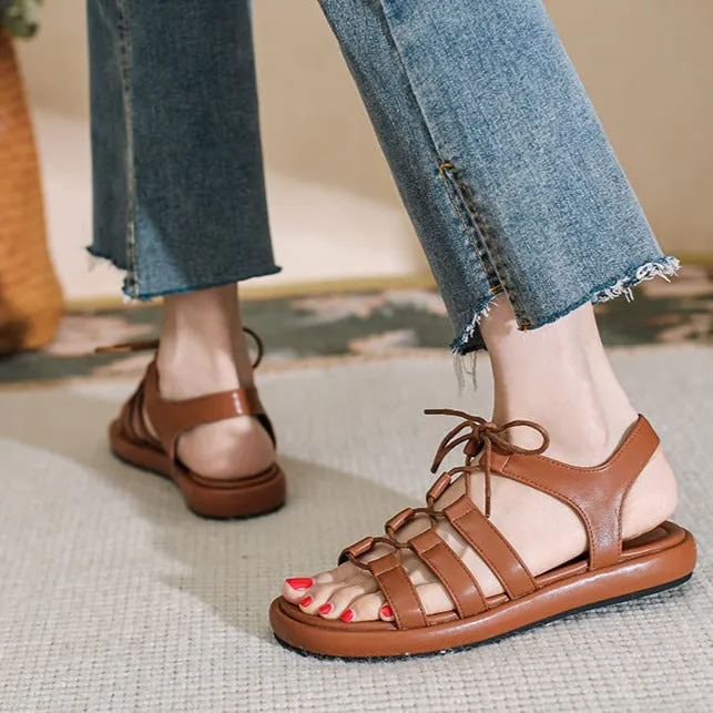 Women's Open Toe Lace Up Flats Sandals Summer Shoes