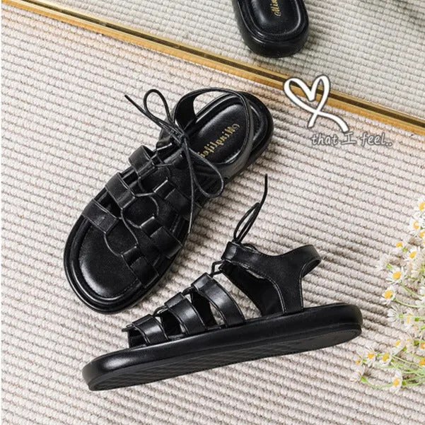 Women's Open Toe Lace Up Flats Sandals Summer Shoes