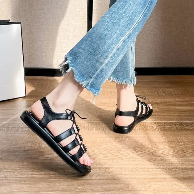 Women's Open Toe Lace Up Flats Sandals Summer Shoes