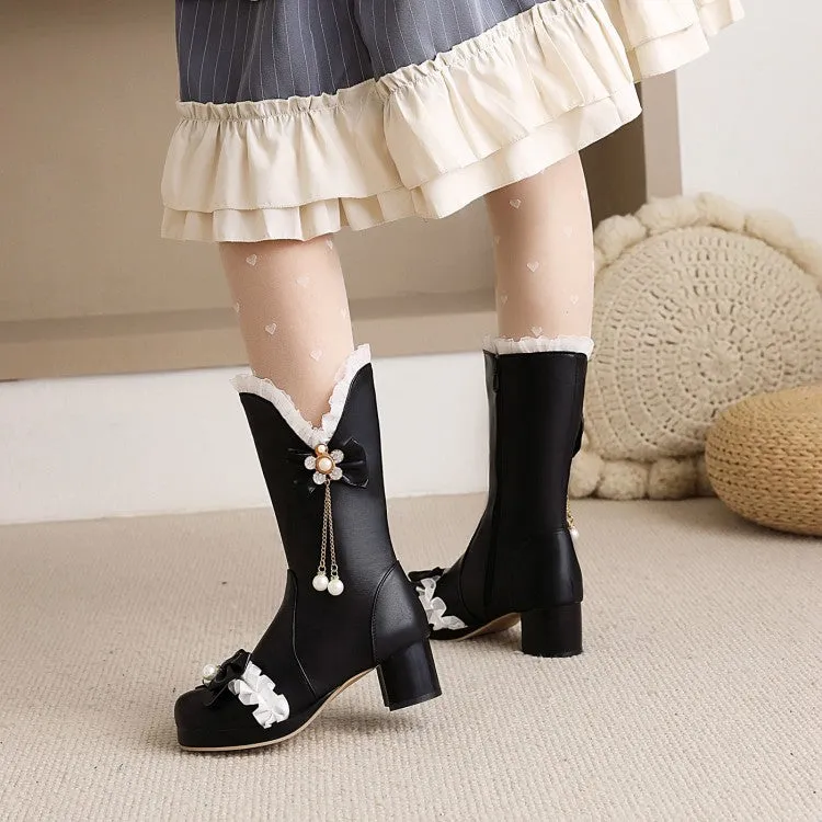 Women's Pearls Lace Bow Tie Block Chunky Heel Platform Knee-High Boots