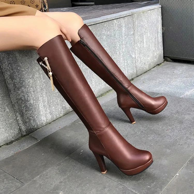 Women's Pearls Tassel Block Chunky Heel Platform Knee High Boots