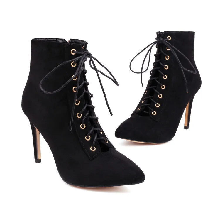 Women's Pointed Toe Lace-Up Side Zippers Stiletto Heel Ankle Boots