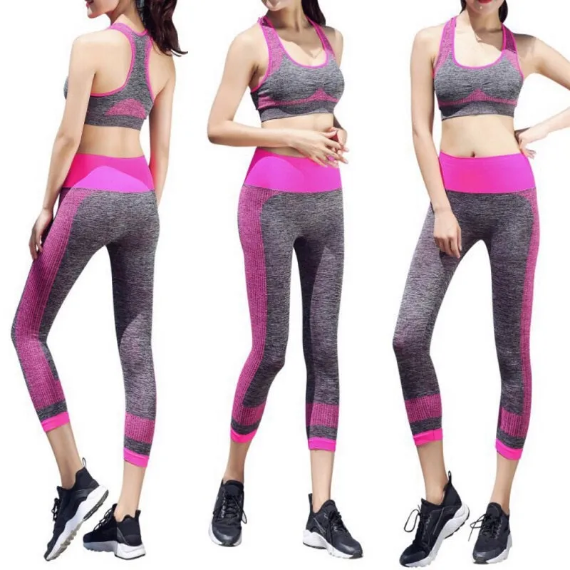 Womens Yoga Bra Cropped Pants 2PCS Set Gym Running Fitness Clothes